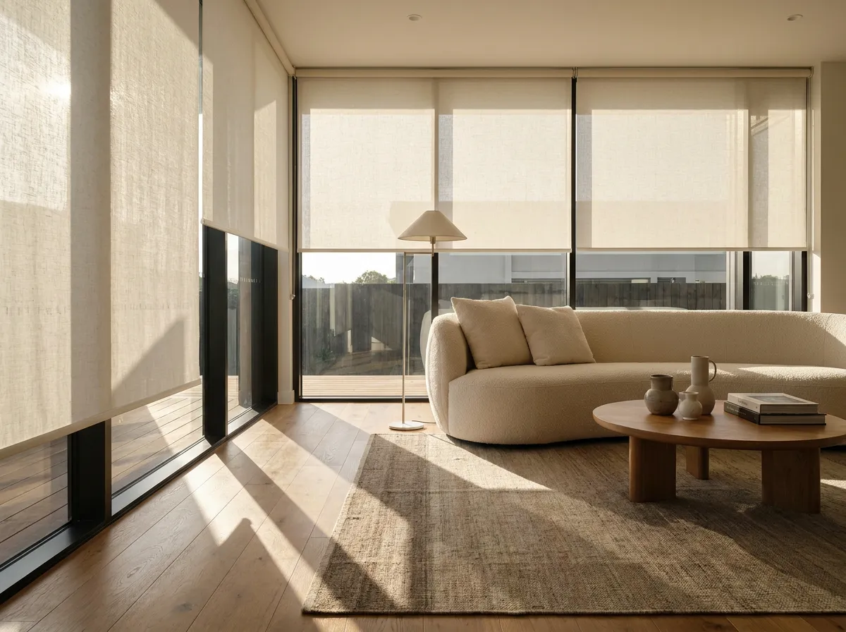 Living room with cream linen automated roller shades lowered halfway